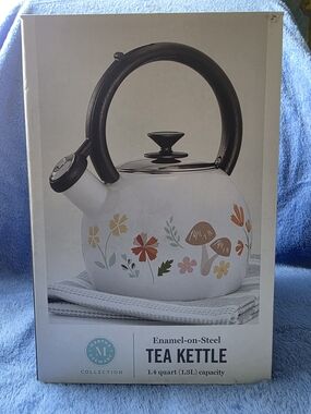 Martha Stewart White Tea Kettle with Black Handle and Floral Mushroom Accents
